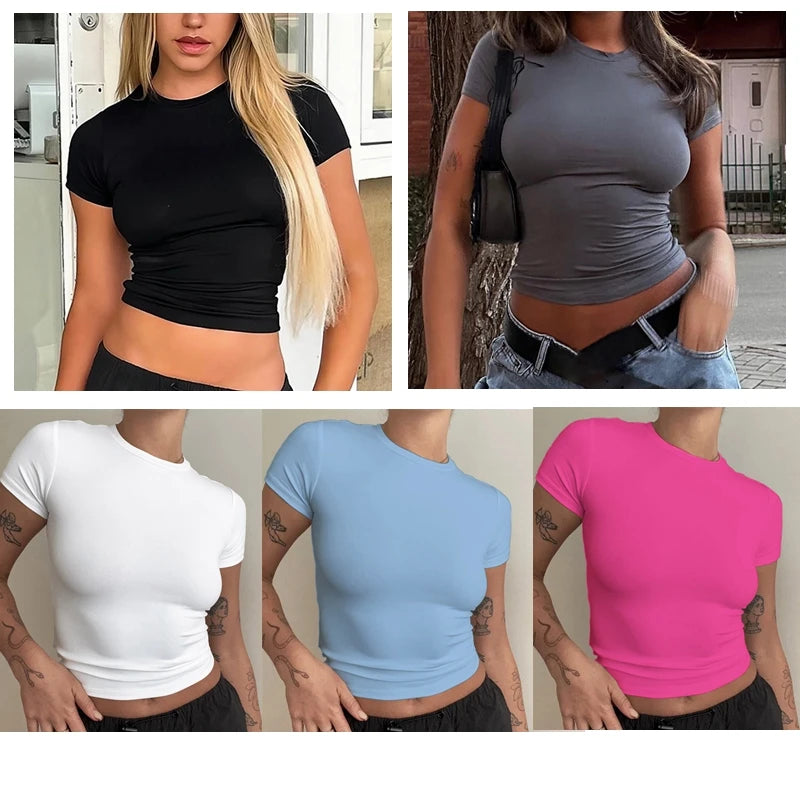 Women's Slim Fit Knitted T-Shirt – Short Sleeve O-Neck Y2K Streetwear Top