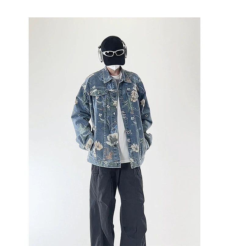 Vintage Floral Print Denim Jacket Men's Distressed Coat Streetwear Loose Fit Long Sleeve Jackets Korean Bomber Jeans Jacket