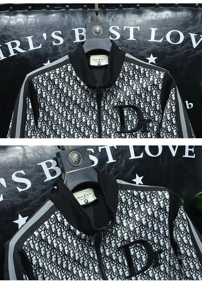 Fashion trend casual suit high-end men's long-sleeved splicing full print sports two-piece set