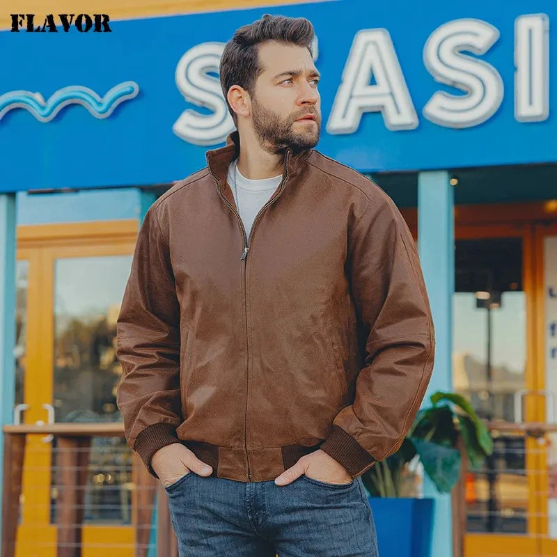 FLAVOR Men's Real Pigskin Leather Bomber Casual Jacket Stand Collar Leather Coat