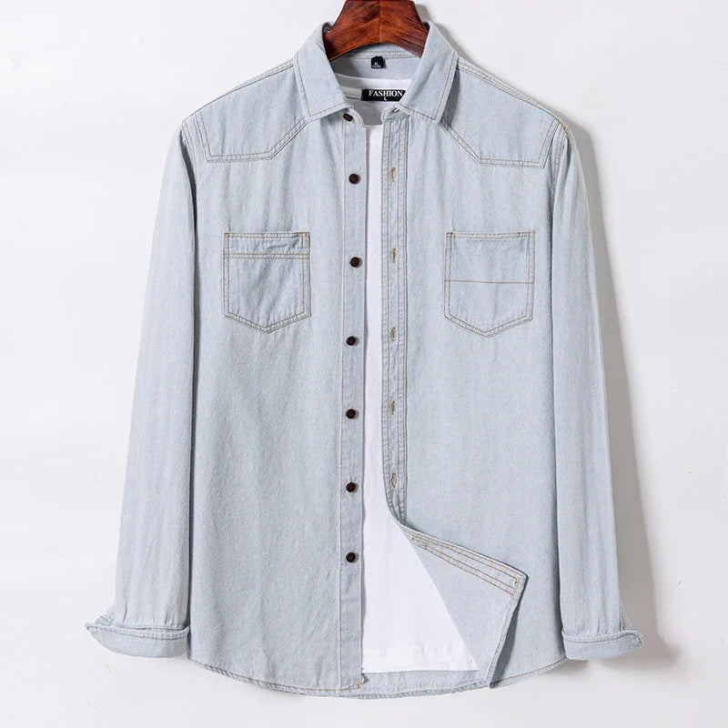 Men’s 100% Cotton Denim Shirt – Long Sleeve, Classic Fit, Pocket Design & Embroidery