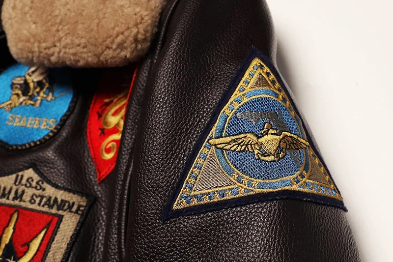 Men's quilted cowhide leather military flight jacket, winter overcoat, M212 style