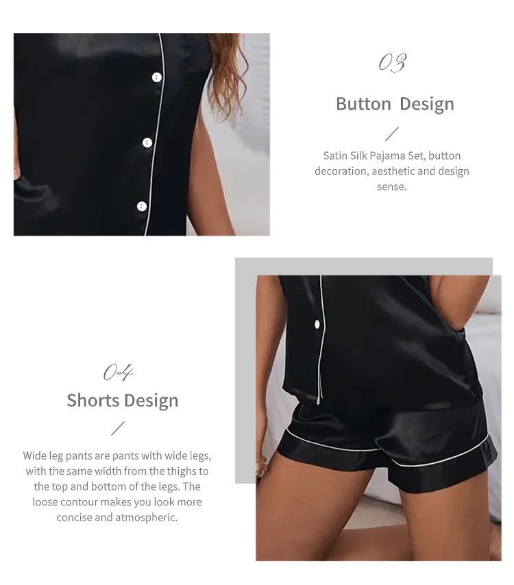 Women’s Satin Pajama Set – 2-Piece Button-Down Top & Shorts Sleepwear