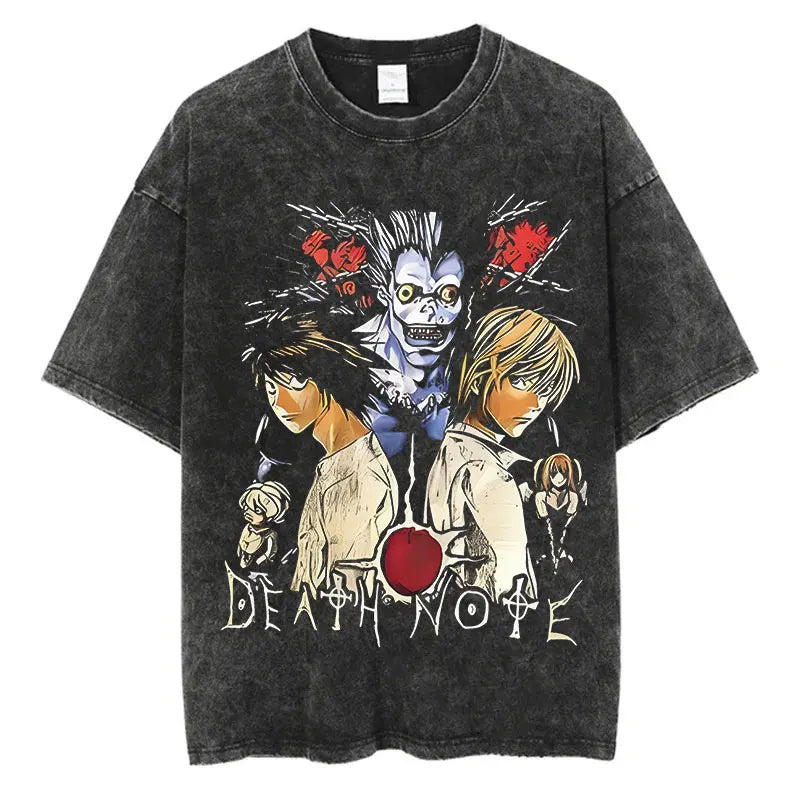 Harajuku Vintage Washed T-Shirt with Death Note Anime Graphic, Oversized Cotton Streetwear for Men and Women