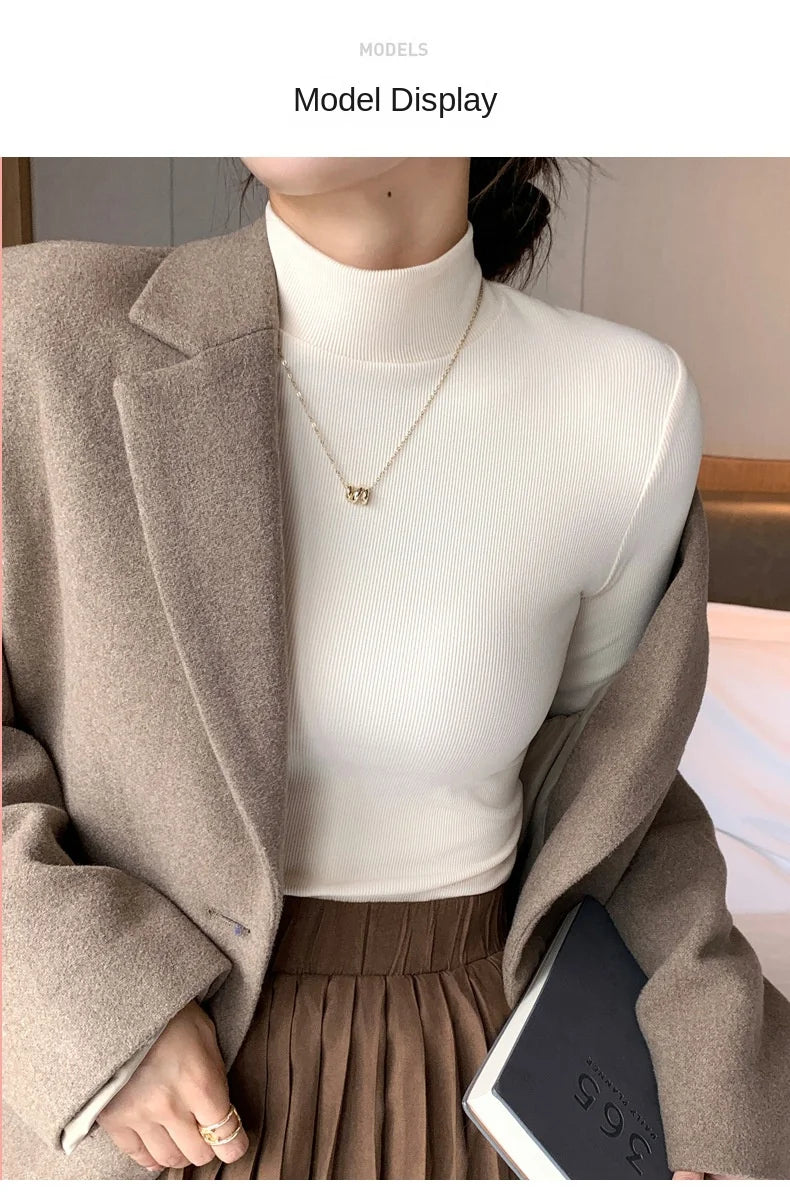 Women's knitted half-turtleneck sweater, slim fit, long sleeves, casual thermal knit top, Korean fashion