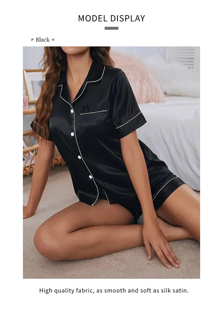 Women’s Satin Pajama Set – 2-Piece Button-Down Top & Shorts Sleepwear