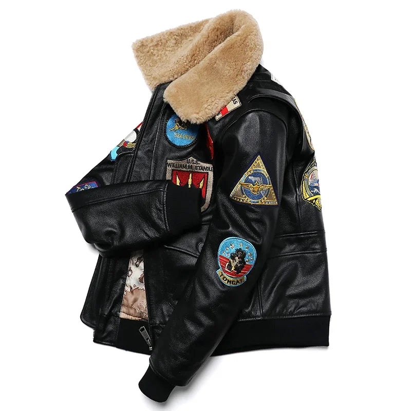 Men's quilted cowhide leather military flight jacket, winter overcoat, M212 style