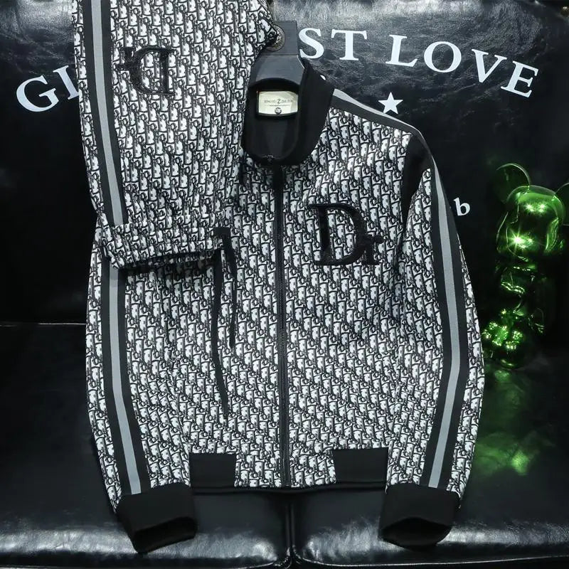 Fashion trend casual suit high-end men's long-sleeved splicing full print sports two-piece set