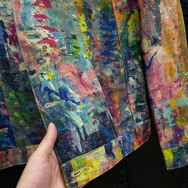Men’s Graffiti Denim Jacket – Colorful Oil Painting Style, Trendy Loose-Fit Casual Coat