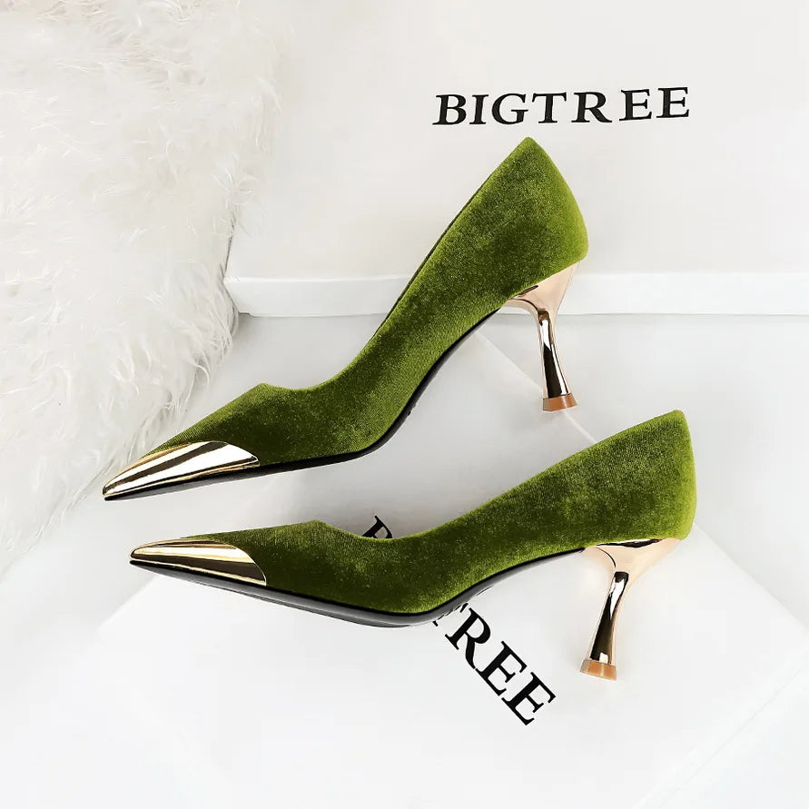 BIGTREE Velvet Wine Glass Heels – Sexy Pointed Party Pumps for Women