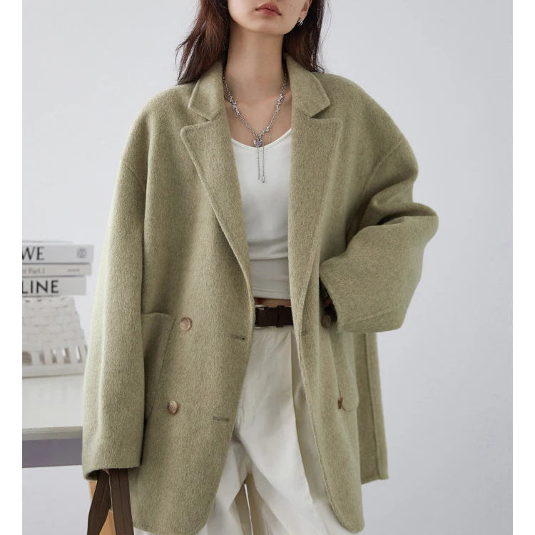 Women’s Double-Breasted Wool Coat – Loose Retro Office Style