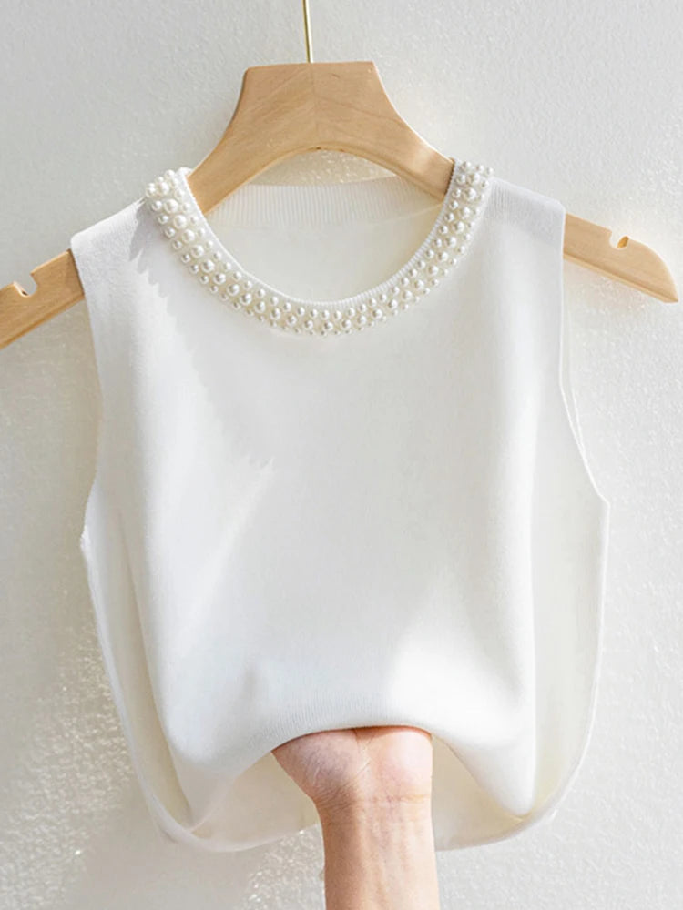 Korean Knitted Women’s Vest – Sleeveless Beaded Summer Tank Top, Casual Thin Blouse