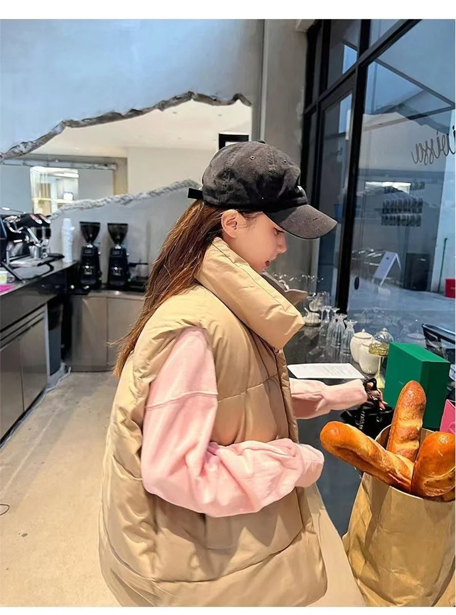 Women’s Autumn Stand Collar Sleeveless Down Vest with Belt