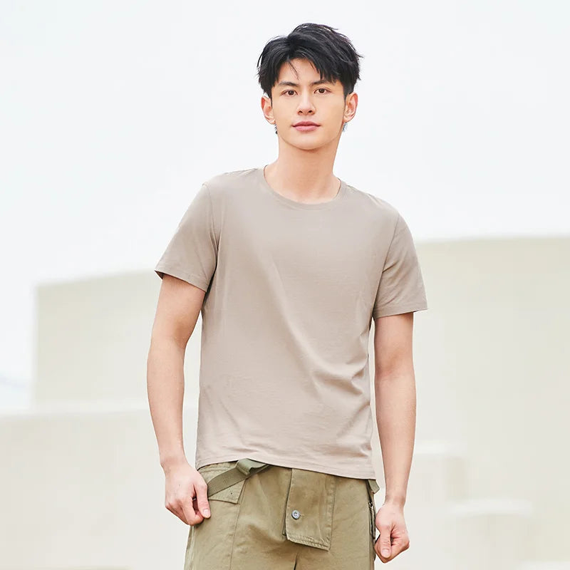 Men’s Summer Cotton O-Neck T-Shirt – Stretchy Solid Casual Tee