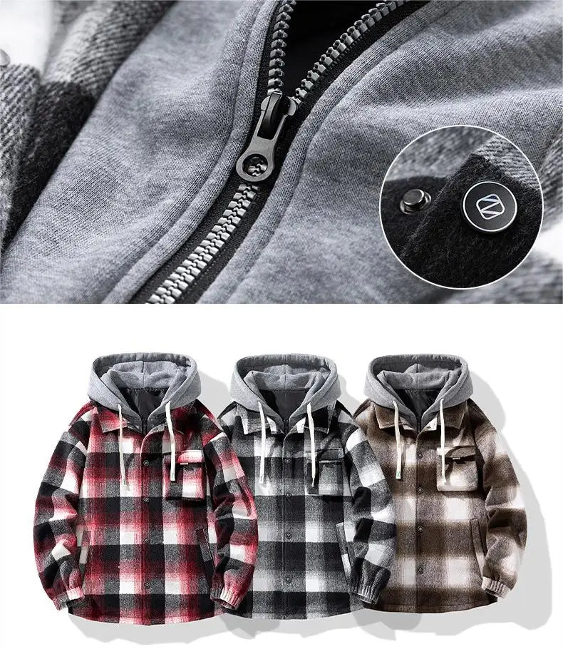 Men's Plus Size 7XL-8XL Hooded Shirt Jacket – Cotton Plaid, Loose Fit, 2-in-1 Style