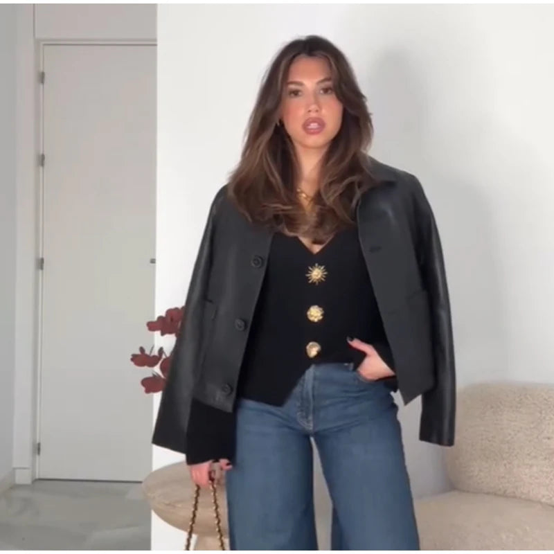 A stylish women's V-neck knitted cardigan for spring, featuring long sleeves, single-breasted design, and Y2K street fashion