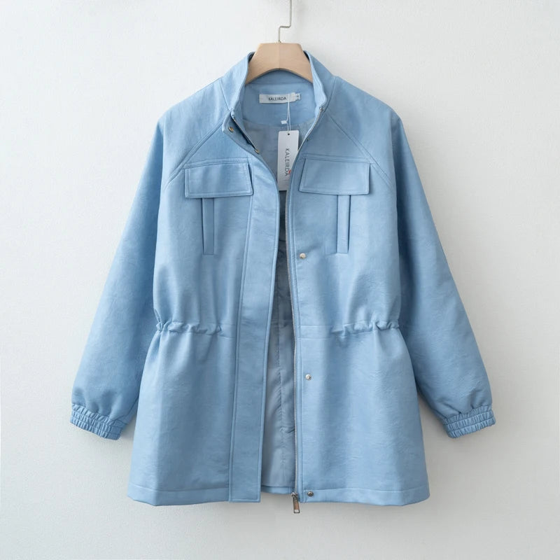 Women’s PU Leather Jacket with Adjustable Waist