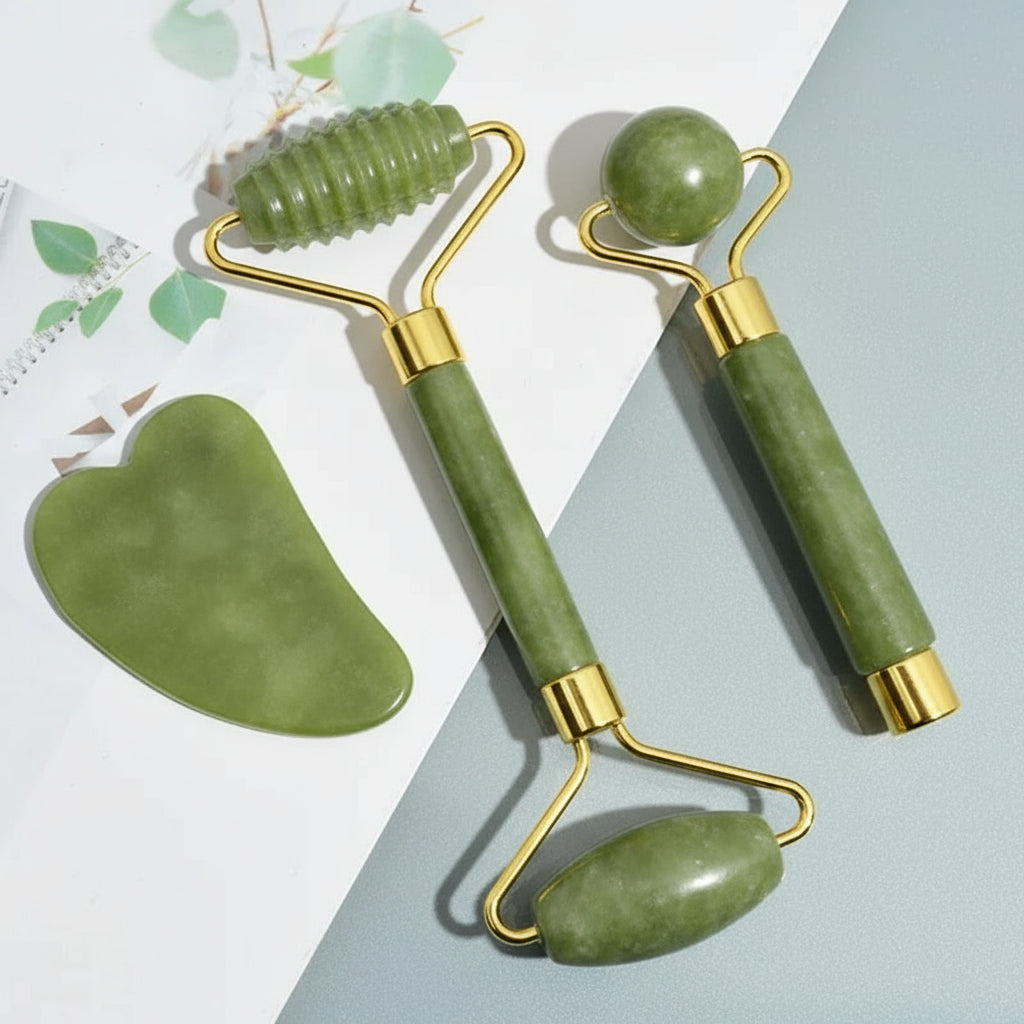 Natural Jade Roller and Gua Sha for Face and Body Massage, Eye Care, and Skin Lifting