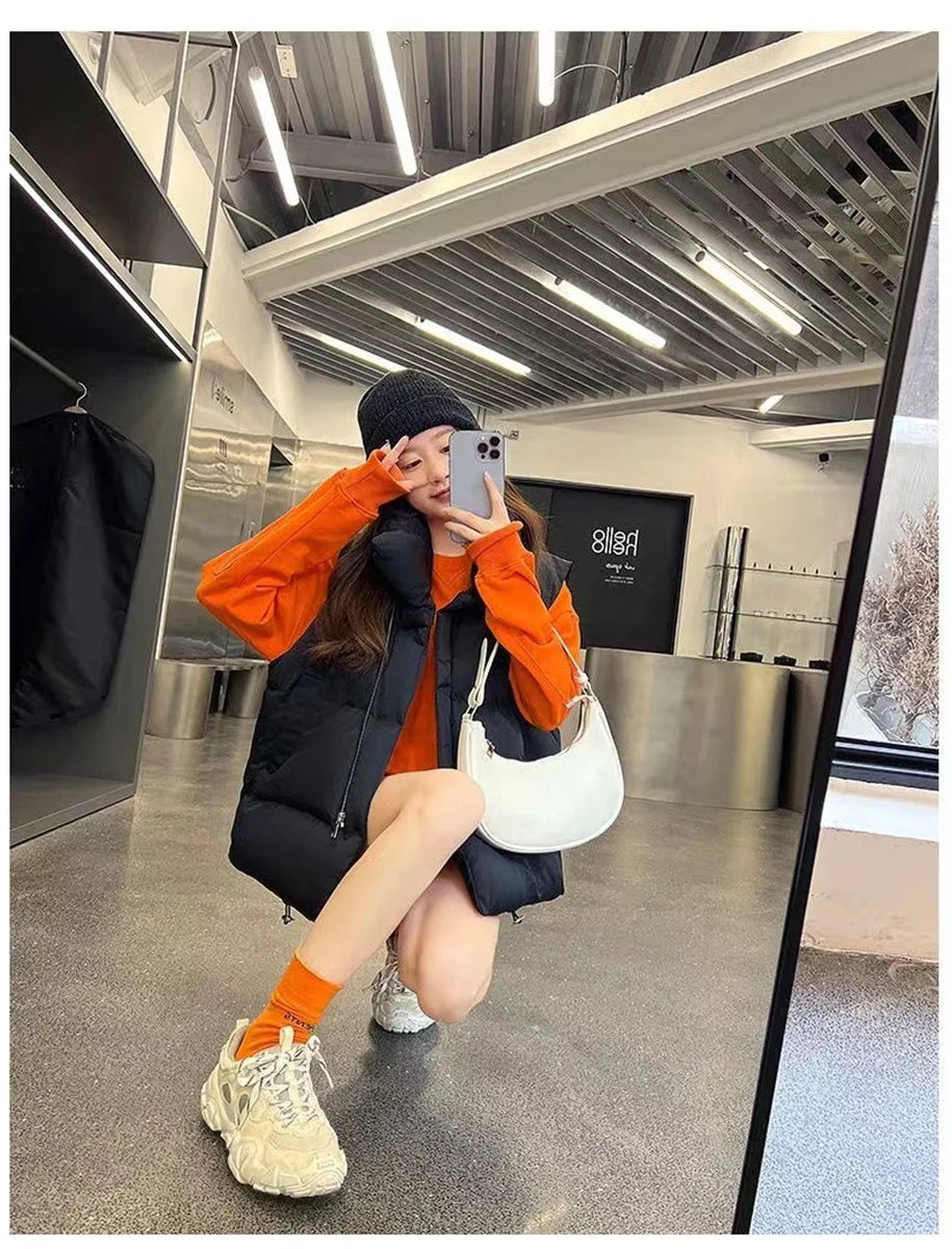 Women’s Autumn Stand Collar Sleeveless Down Vest with Belt