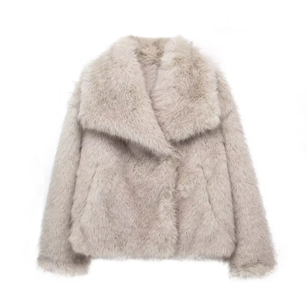 HH Women Cropped Faux Fur Jacket – Chic Thick Coat with Lapel Collar & Snap Button