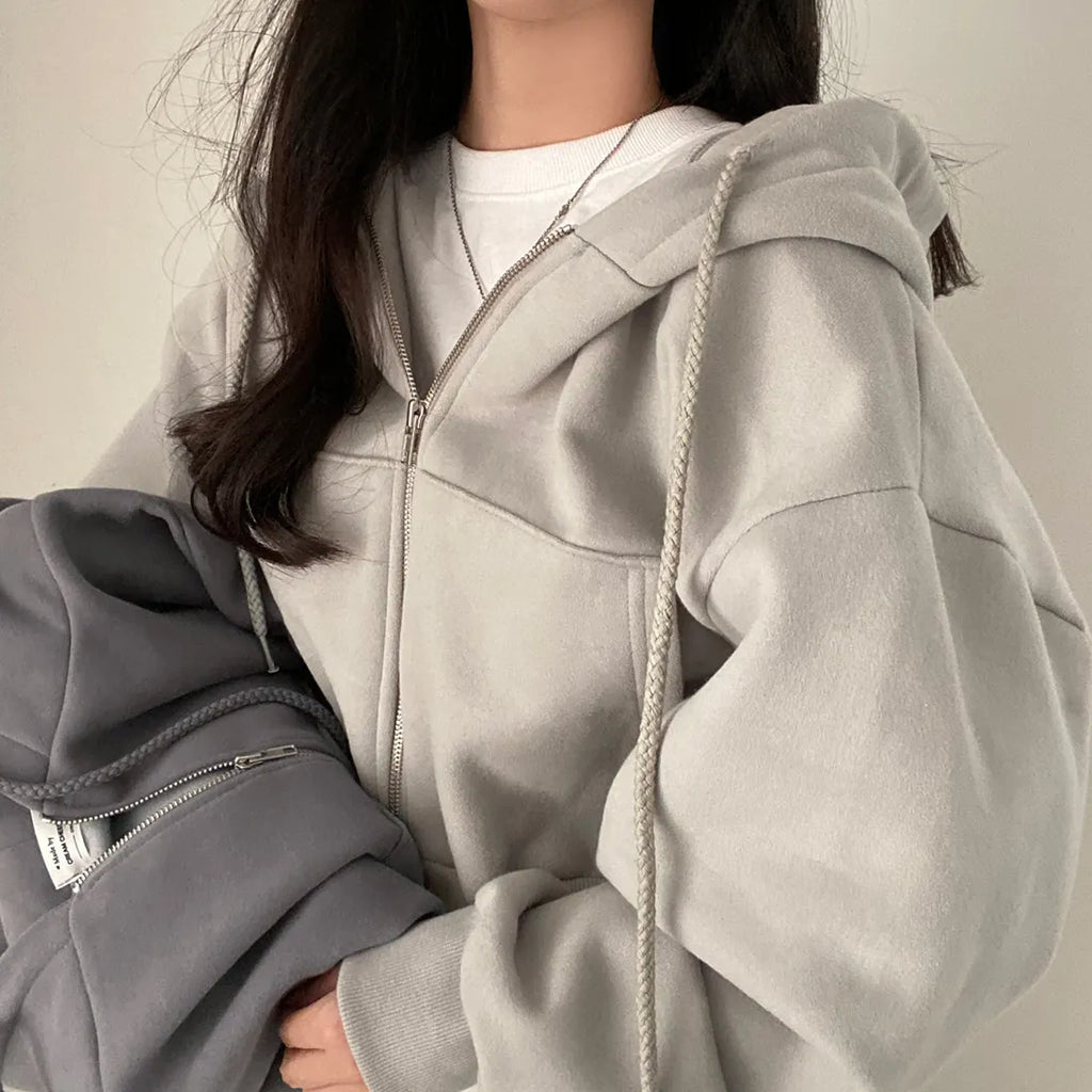 Women’s Casual Y2K Zip-Up Hoodie – Solid Harajuku Oversized Crop Sweatshirt