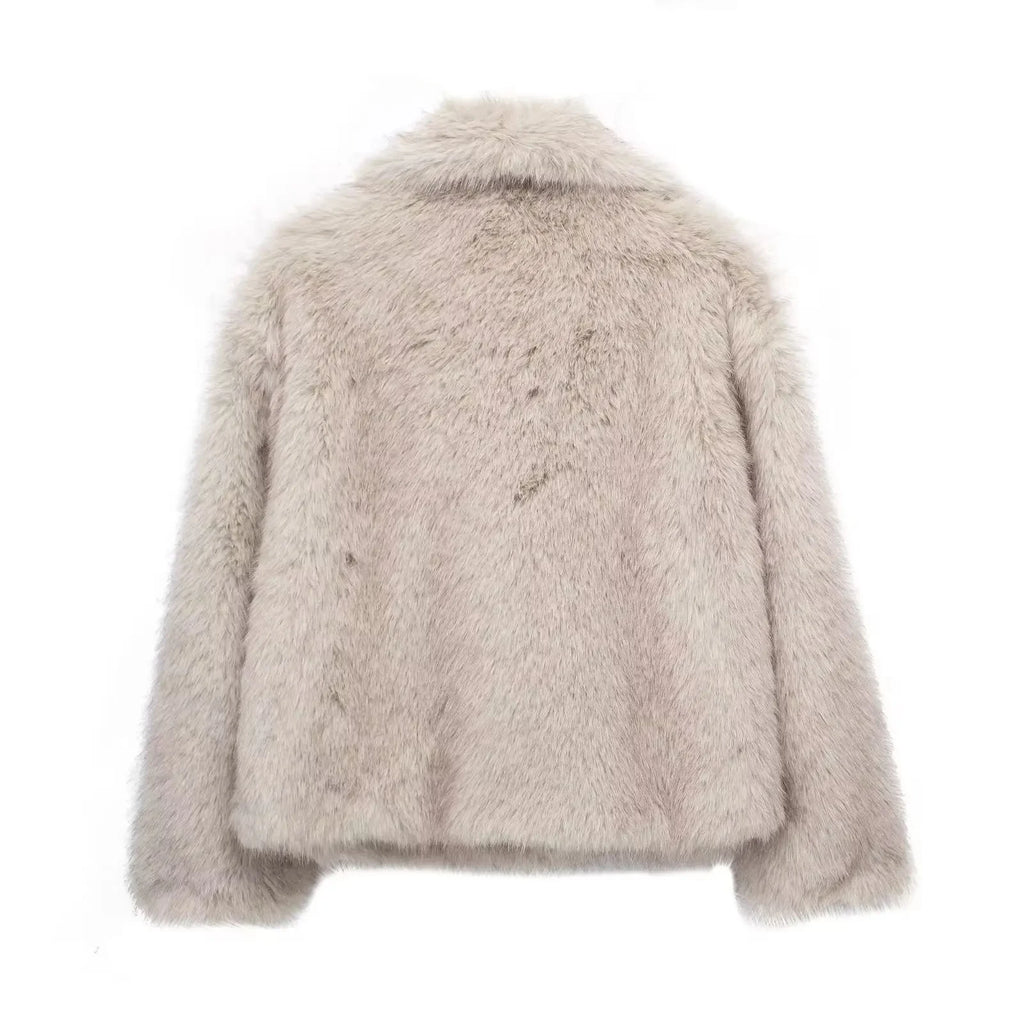 HH Women Cropped Faux Fur Jacket – Chic Thick Coat with Lapel Collar & Snap Button