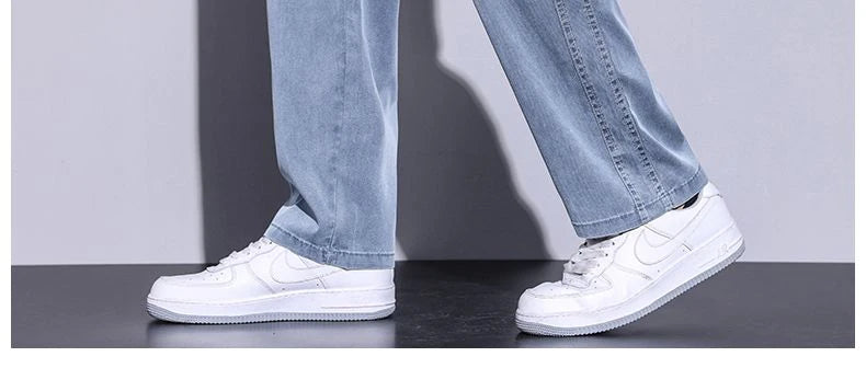 Summer men's Lyocell straight-leg jeans with drawstring waist, casual plus size M-5XL