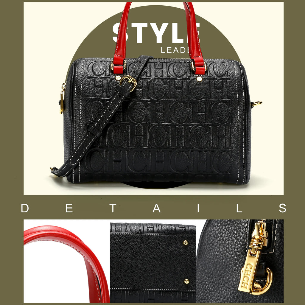 Women's Shoulder Bag Black Cow Leather Letter Embossed Zipper Tote Bag 26*14.5*18cm