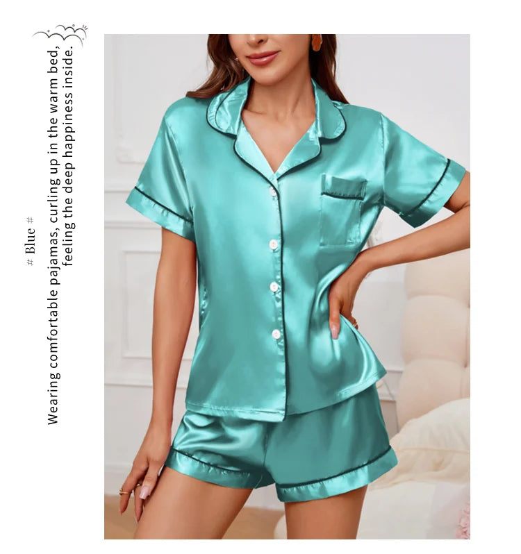 Women’s Satin Pajama Set – 2-Piece Button-Down Top & Shorts Sleepwear