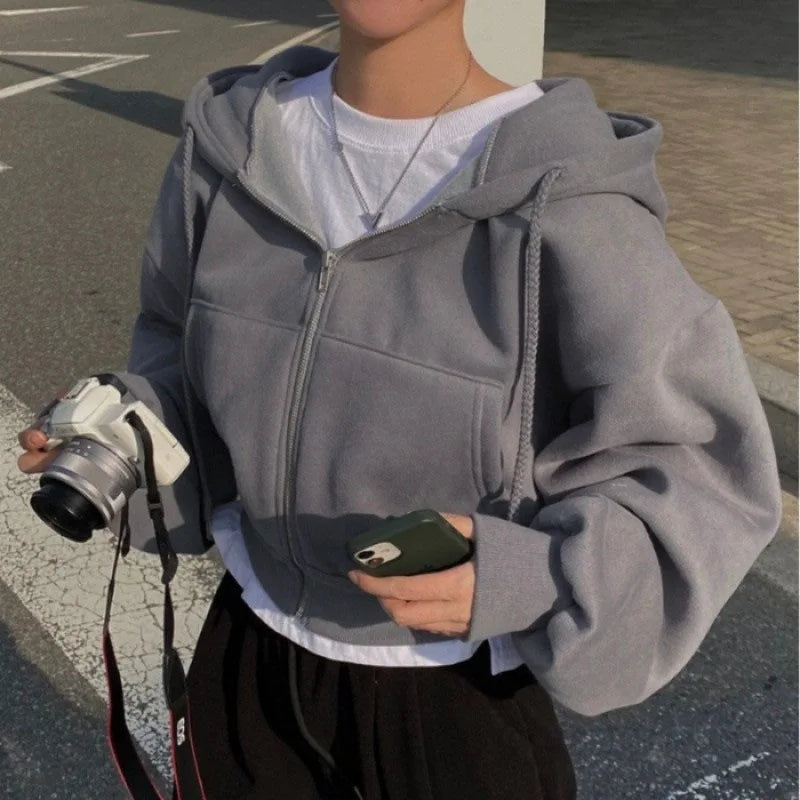 New Insfleece-lined Versatile Cropped Slims Smooths Silhouette Zip-up Warm Navy Blue