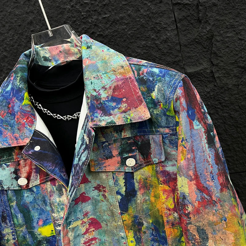 Men’s Graffiti Denim Jacket – Colorful Oil Painting Style, Trendy Loose-Fit Casual Coat