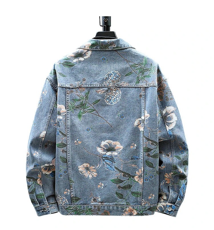 Vintage Floral Print Denim Jacket Men's Distressed Coat Streetwear Loose Fit Long Sleeve Jackets Korean Bomber Jeans Jacket