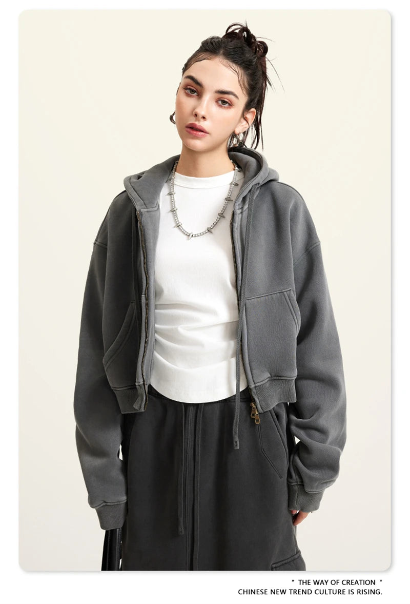 Women’s Fleece Zip Hoodie – HY0448 355gsm, thick, cropped, hooded, loose fit