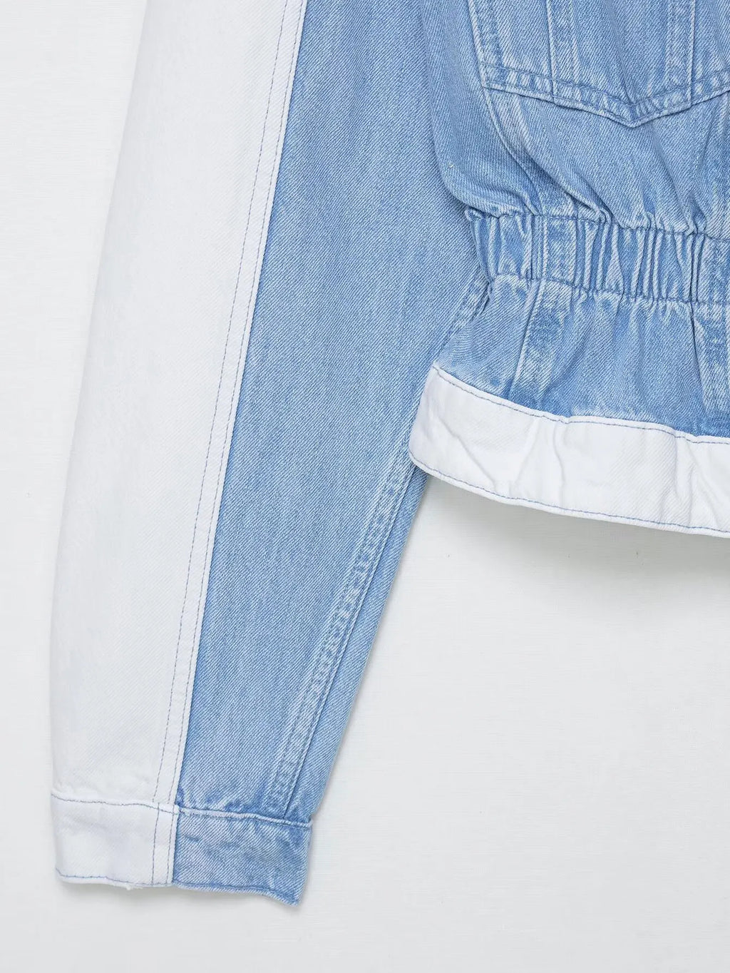 vintage denim women's outfit with a long-sleeve coat and wide-leg jeans