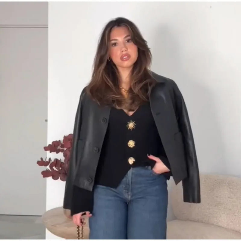 A stylish women's V-neck knitted cardigan for spring, featuring long sleeves, single-breasted design, and Y2K street fashion