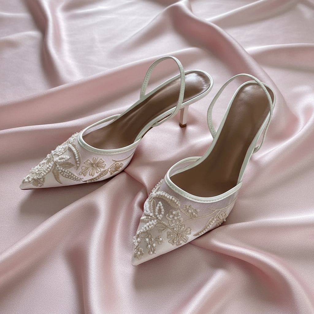 Women's Mesh Embroidered Heels – Pointed Toe Slingback Dress Shoes