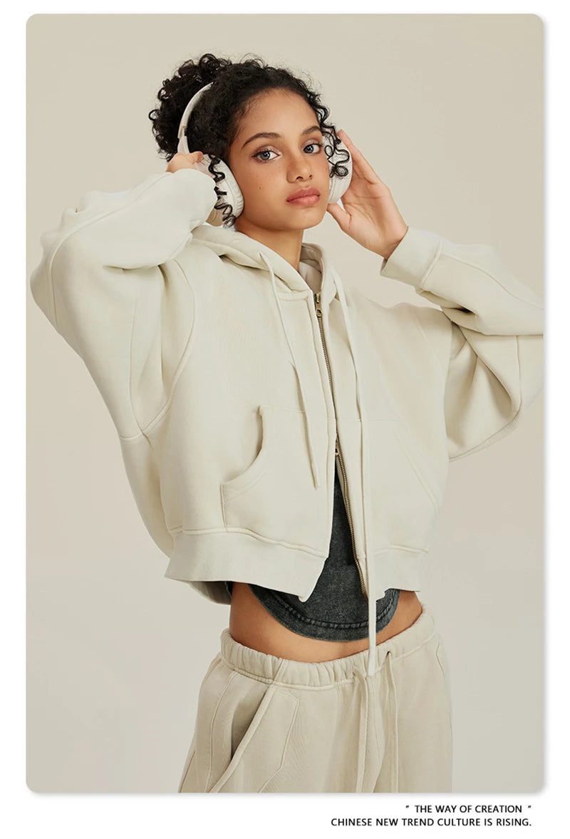 Women’s Fleece Zip Hoodie – HY0448 355gsm, thick, cropped, hooded, loose fit