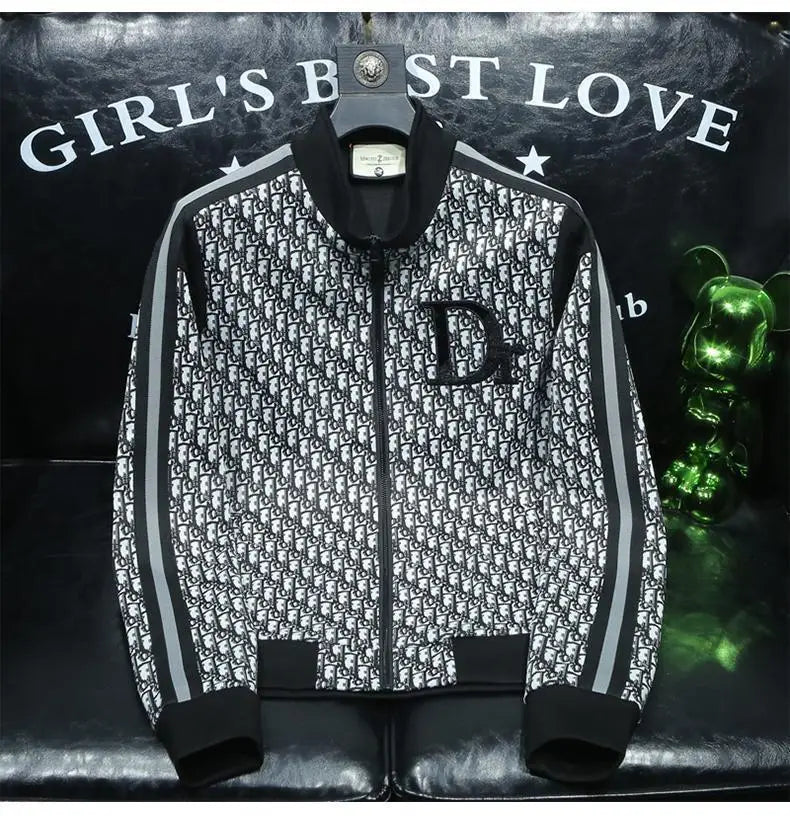 Fashion trend casual suit high-end men's long-sleeved splicing full print sports two-piece set