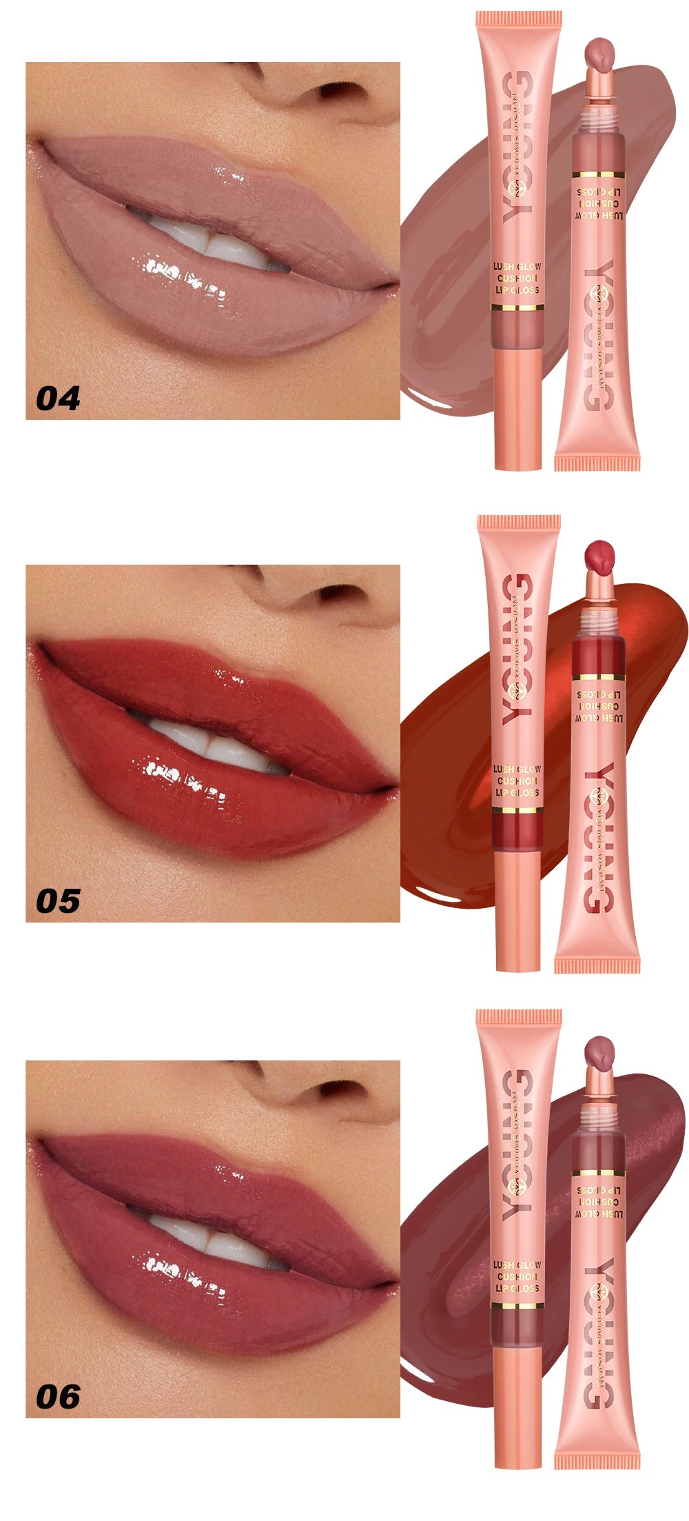 YOUNG VISION 6-Color Liquid Lip Gloss – Brightening, Moisturizing with Plush Brush