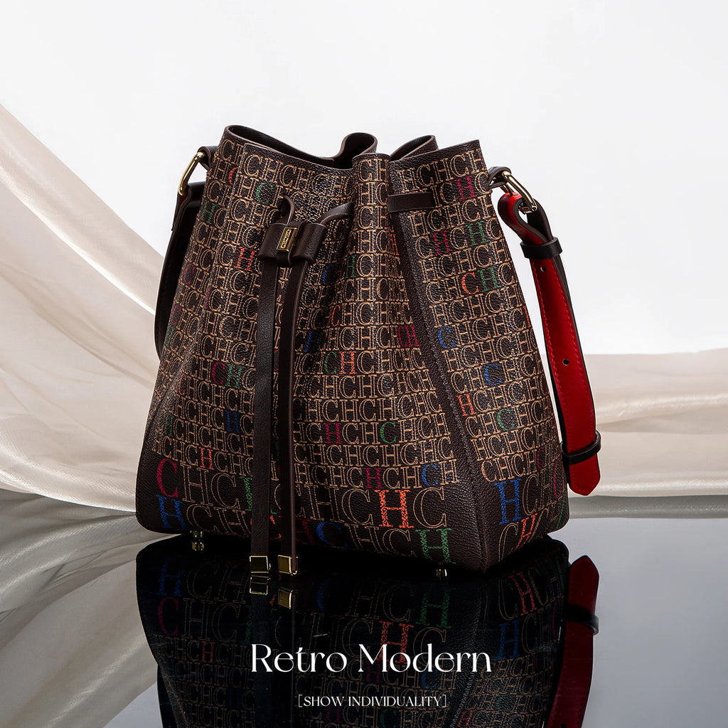 Women's Handbag New Drawstring Bucket Bag Coffee Color Letter Printed Wallet