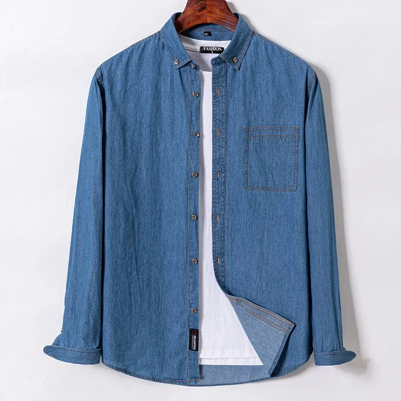 Men’s 100% Cotton Denim Shirt – Long Sleeve, Classic Fit, Pocket Design & Embroidery