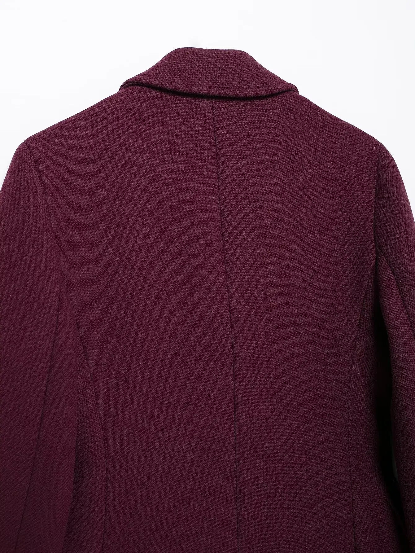 HH Women’s Burgundy Wool Coat – Double-Breasted, Long Sleeve Lapel Jacket