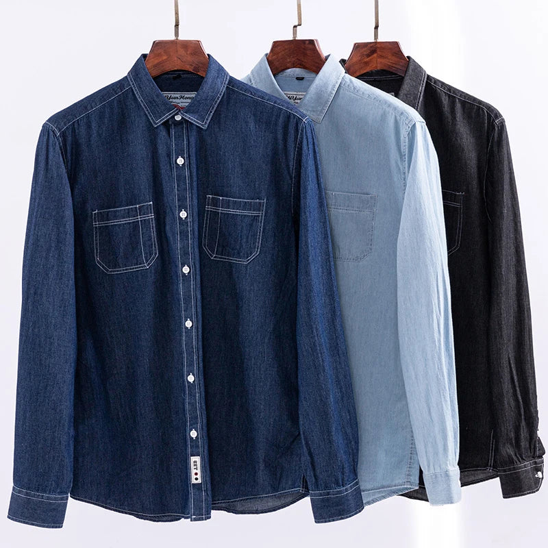 Men’s 100% Cotton Denim Shirt – Long Sleeve, Classic Fit, Pocket Design & Embroidery