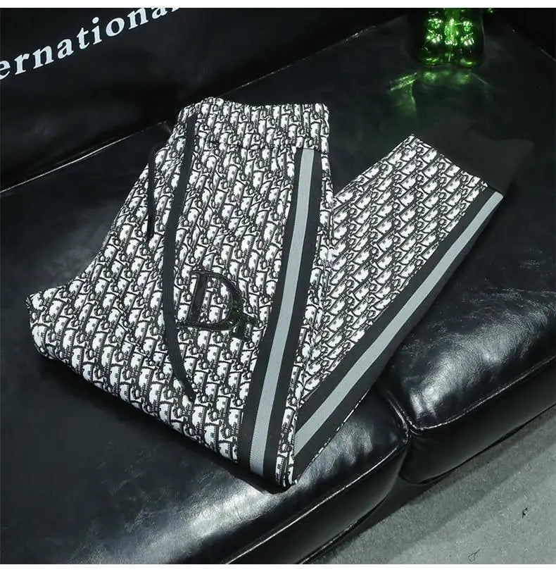 Fashion trend casual suit high-end men's long-sleeved splicing full print sports two-piece set