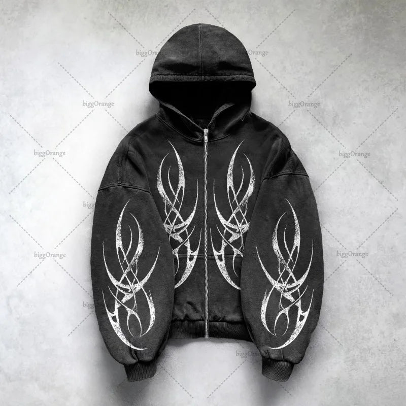 Gothic Punk Graphic Oversized Hoodie, Y2K Streetwear, Harajuku Style, Zipper, Casual Men’s Jacket