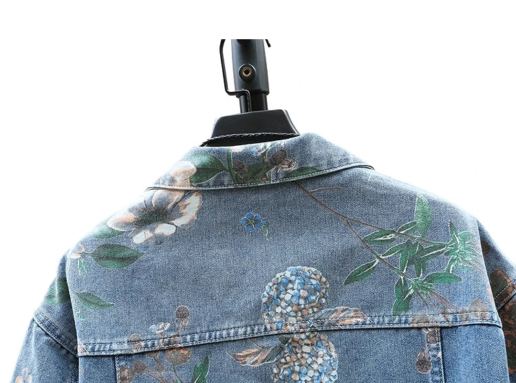 Vintage Floral Print Denim Jacket Men's Distressed Coat Streetwear Loose Fit Long Sleeve Jackets Korean Bomber Jeans Jacket
