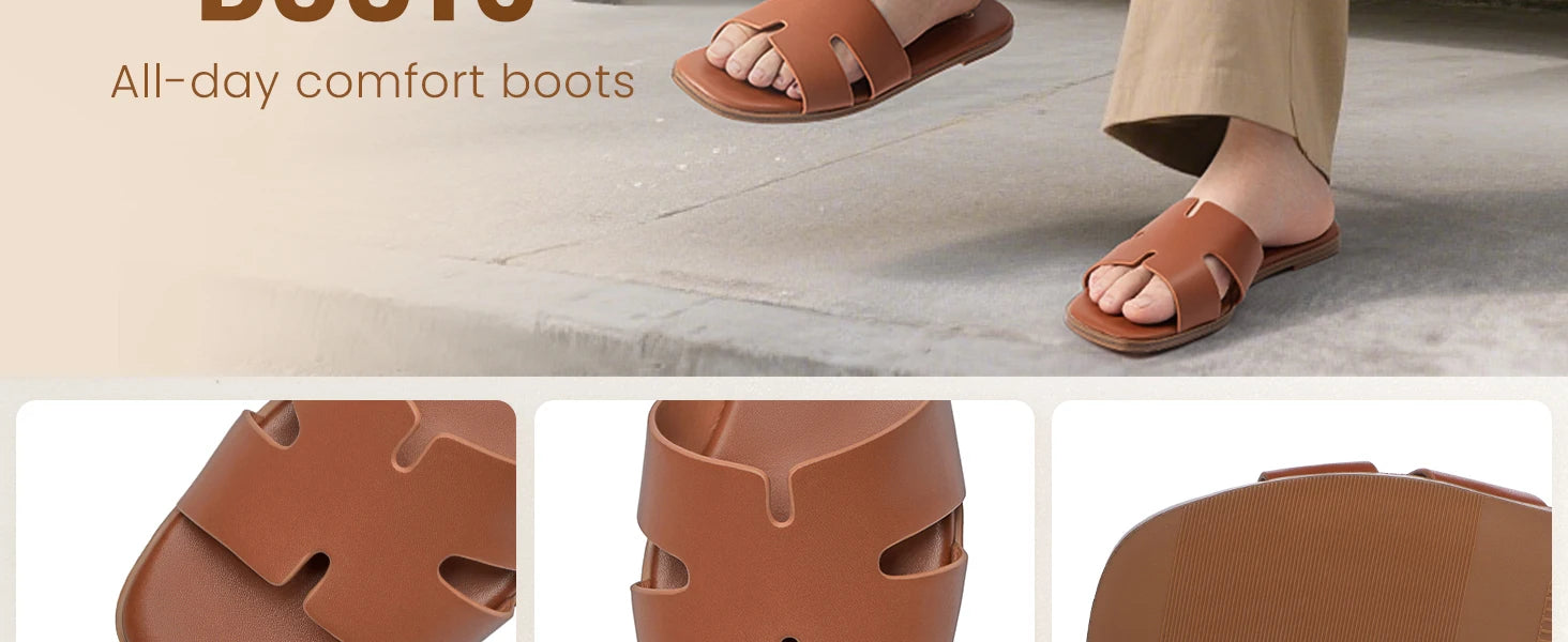 Women's Dressy Flat Sandals Comfortable Slip On Leather Slide Sandals