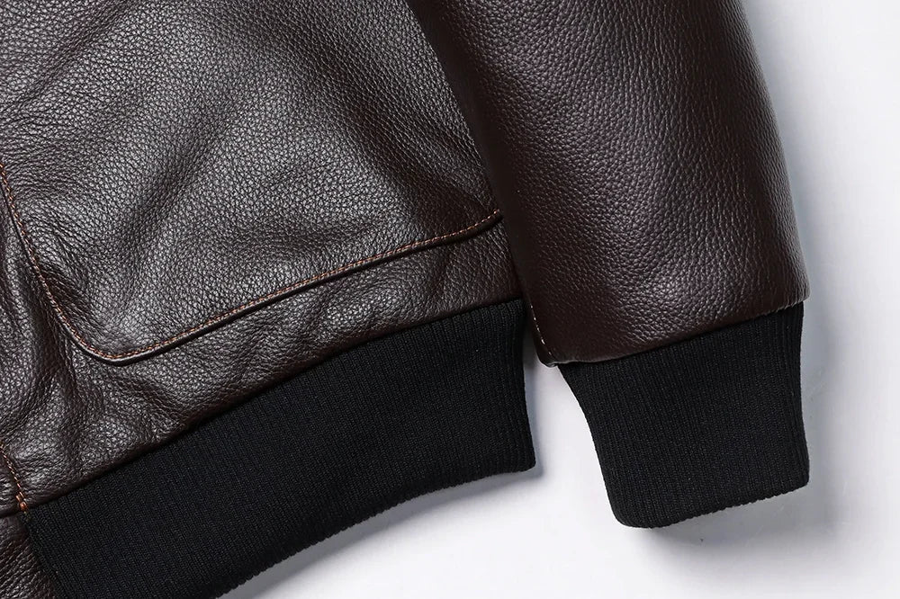Men's A2-style genuine leather flight jacket made from cowhide and calfskin in brown