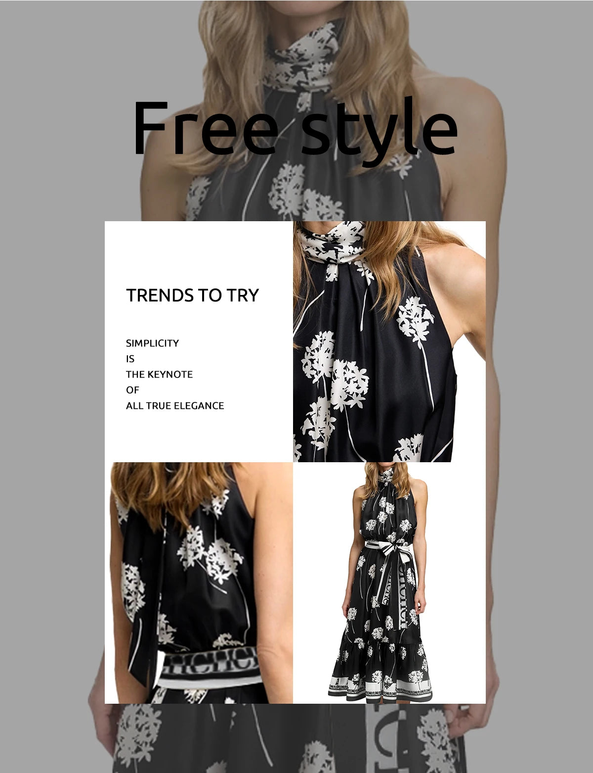 Women's Long Dress Summer New Black Printed Sexy Hanging Collar Dress Casual Party
