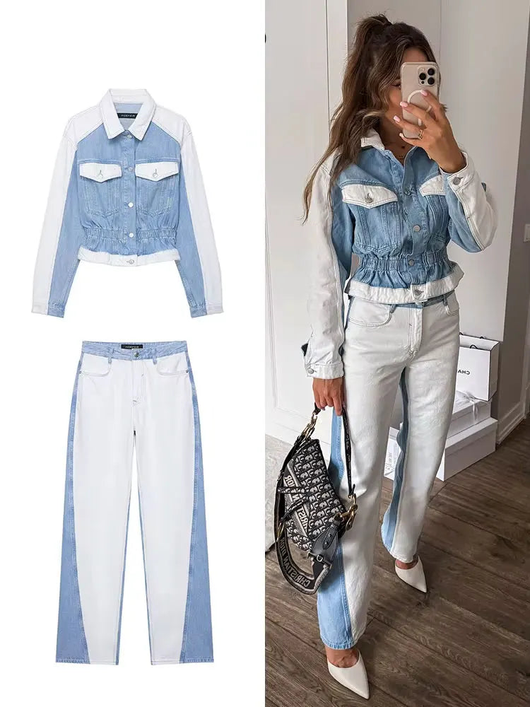 vintage denim women's outfit with a long-sleeve coat and wide-leg jeans